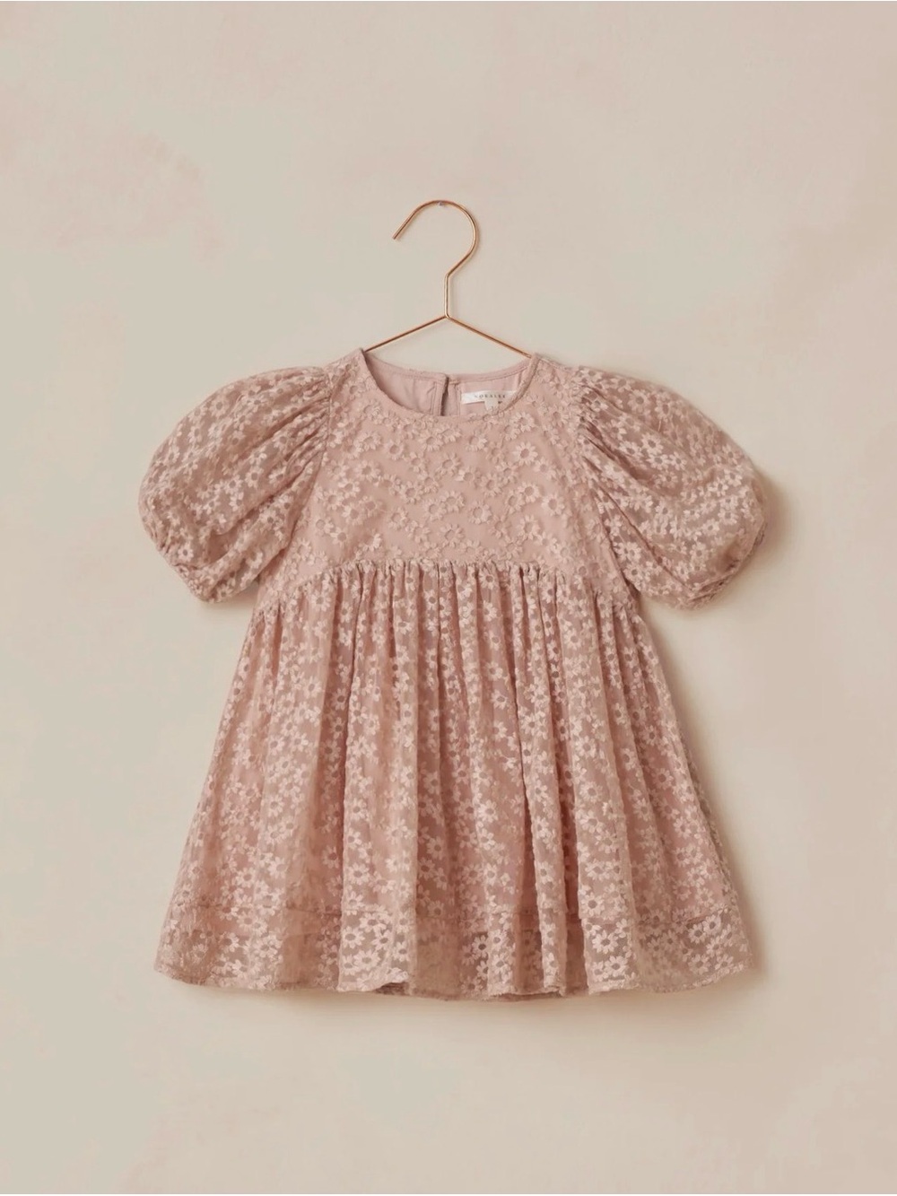 Girls' Dusty Pink Floral Lace Puff-Sleeve Dress